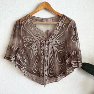 Pretty Angel Sheer Silk Blend Kimono Top (M) Embroidered Sheer Boho Artsy Fairy